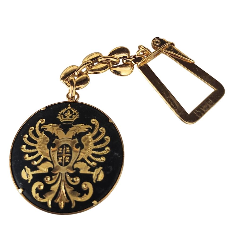 Vintage Spanish Damascene Double Headed Eagle Gold Black Metal Pendant Keychain